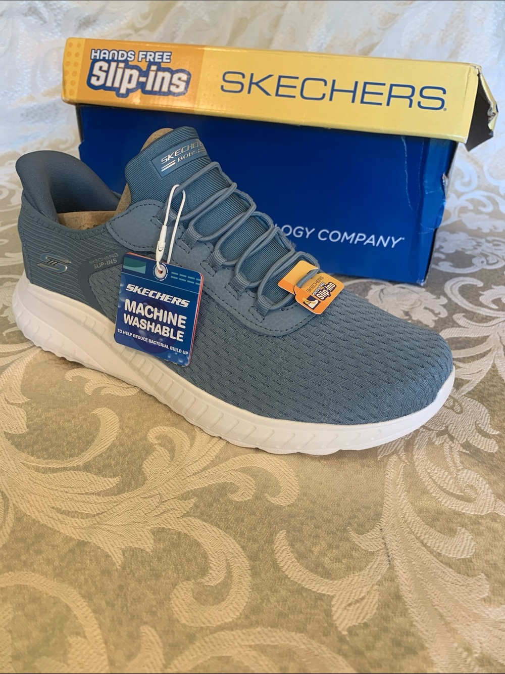 Skechers Men's Slate Blue Slip-On Knit Sneaker with White Sole